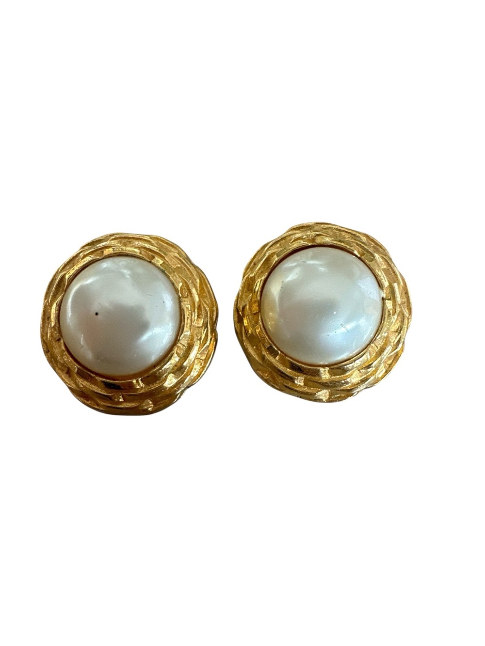 CHANEL Gold-Tone Button Earrings with White Pearl Centers